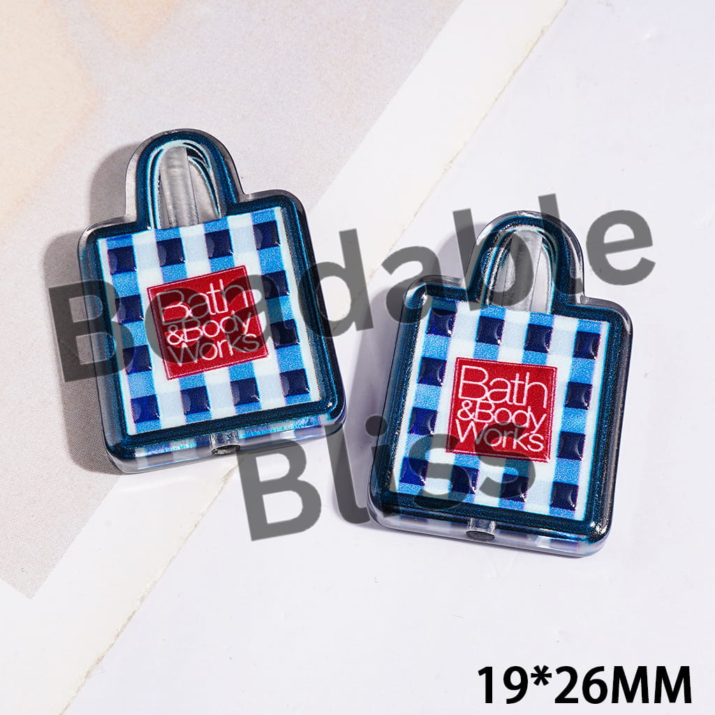 Handbag with White Text on Red Square & Blue White Plaid Background Acrylic Beads, Home Fragrance Theme, 19*26MM