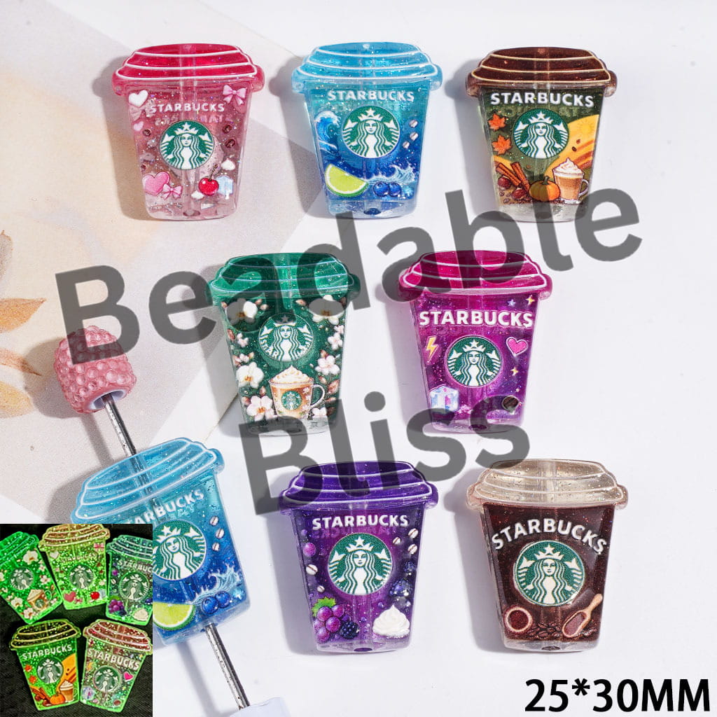 Clear Acrylic Beads Coffee Cup with Glitter, 25*30MM, Multi-Color, Random Mix