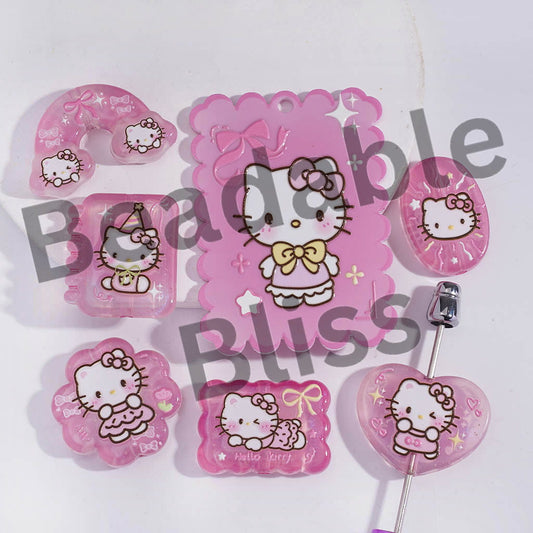 Acrylic Beads Pendants with Pink Cute Cat Character Series, Random Mix