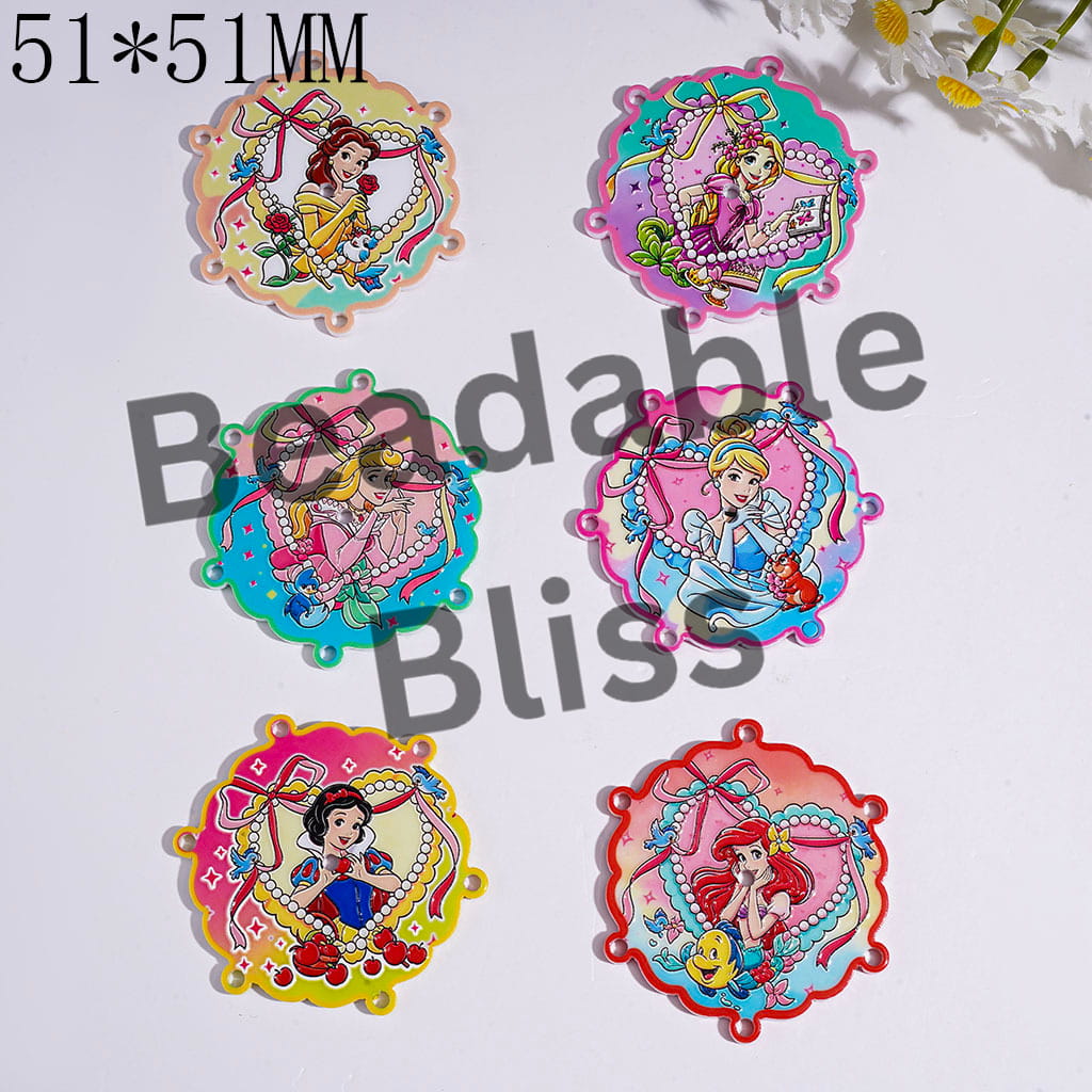 Acrylic Beads and Pendants with Classic Beautiful Princess Character, Wavy Edged Flat Round Shape, 51*51MM Random Mix