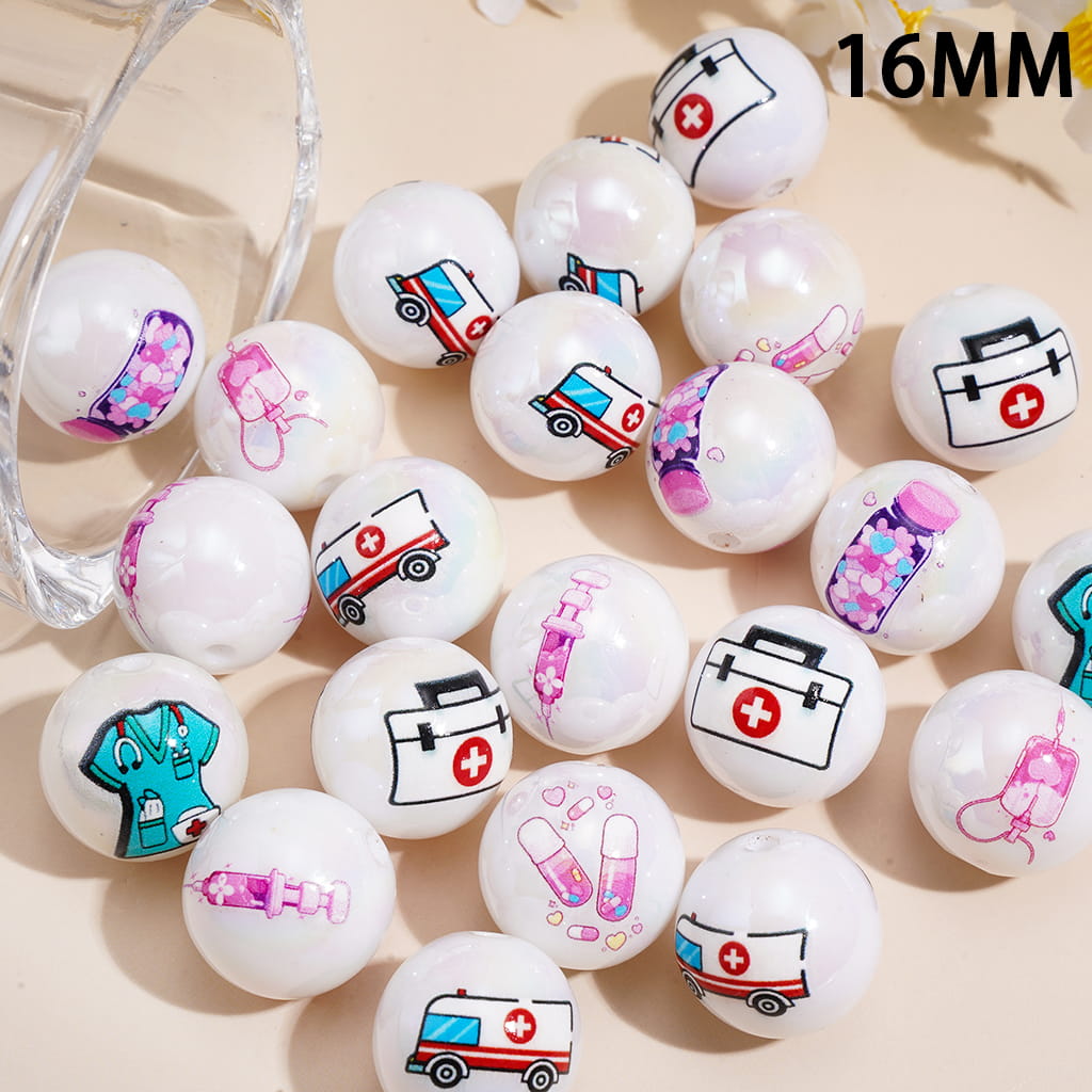 UV Coating Acrylic Beads for Bracelet w Medical Theme Print Design, 16MM, Random Mix