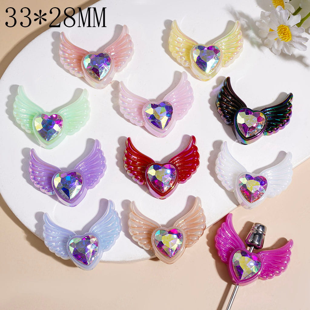 Heart with Sparkling AB Rhinestone and Angel Wings Acrylic Beads, UV Coating Process, 33*28MM, Multi-Color, Random Mix