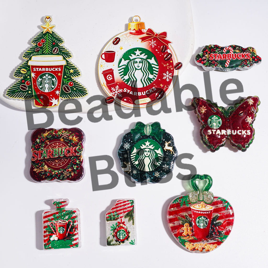 Red and Green Style Christmas Coffee Theme Acrylic Crackle Beads and Pendants, Random Mix