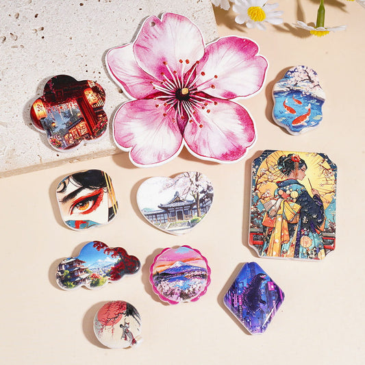 Japanese Style Sakura Girl Mountain Pond Acrylic Beads and Pendants, Random Mix