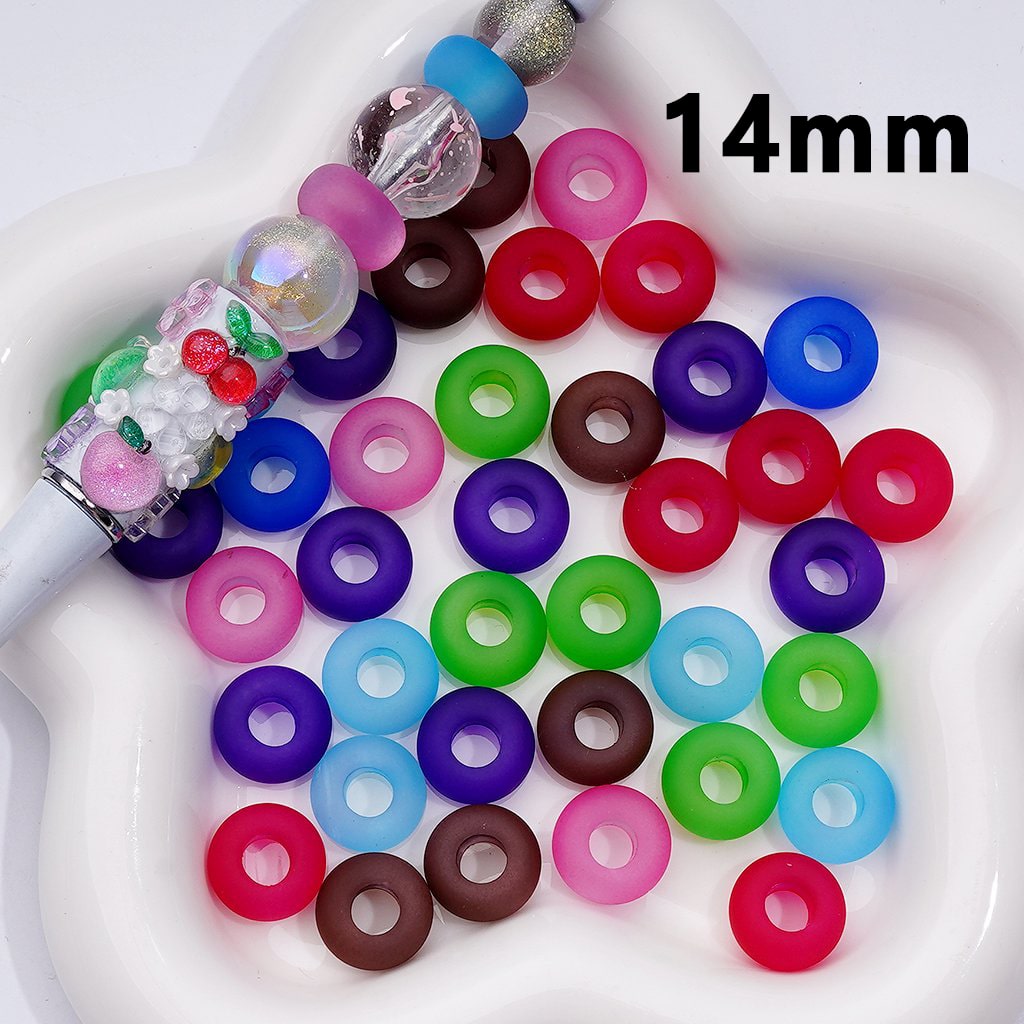 Assorted colorful beads on a white plate with '14mm' text.

