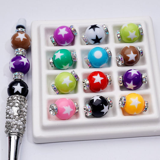Colorful beaded bracelet with star designs on a white background

