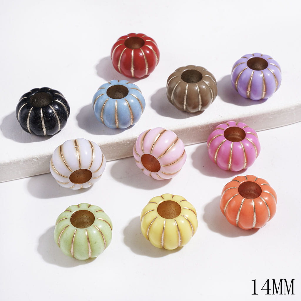 Acrylic Beads Pumpkin with Gold Line Texture, Big Hole Beads, 14MM, Multi-Color, Random Mix (The Hole Diameter is Around 6MM)