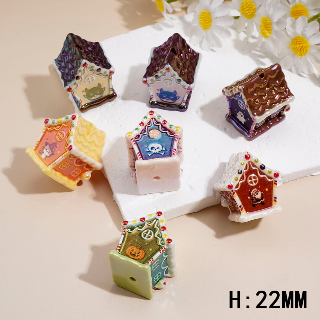 UV Coating Acrylic Beads Halloween & Christmas Mini House Design, Height 22MM, Random Mix