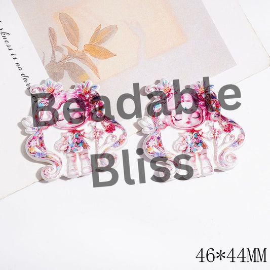 Baby Girl Doll with Pink Double Ponytail Acrylic Beads, Colorful Flower Design Style, 46*44MM
