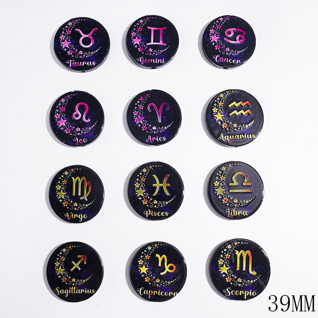 Acrylic Beads with Twelve Constellations Series, Flat Round Shape, 39MM Random Mix