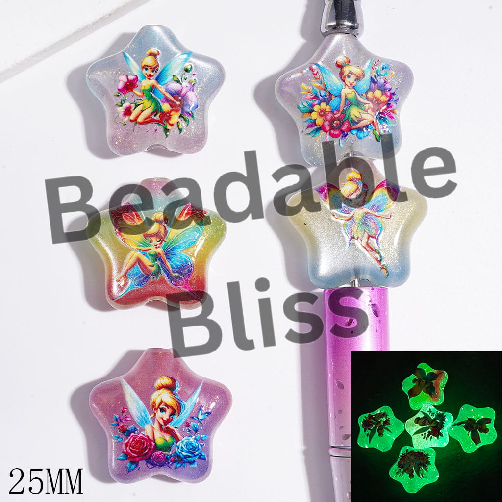Acrylic Beads Luminous Cat Eye Style Star, with Rainbow Style Fly Fairy Character Prints and Gold Glitter, 25MM, Random Mix