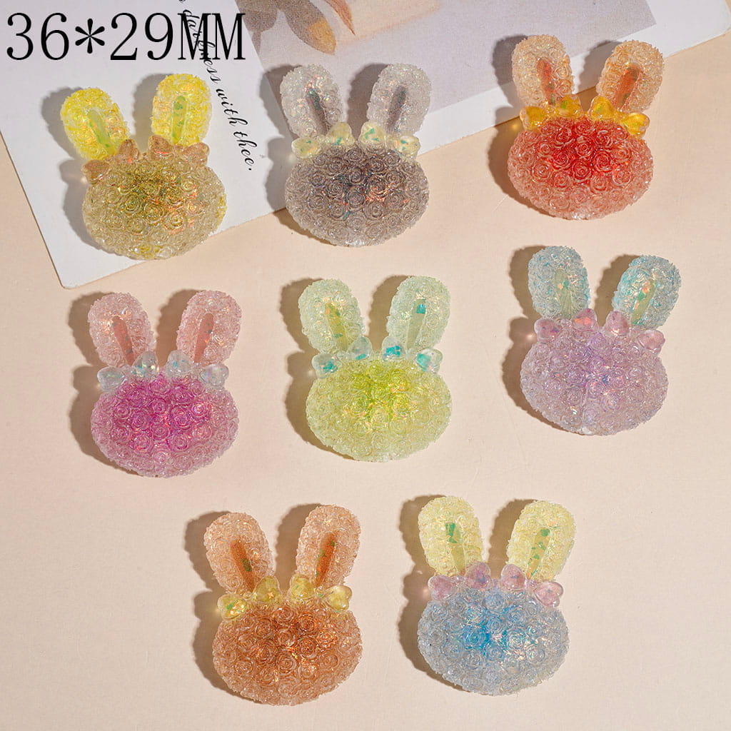 Matte Frosted Rose Flower Bunny Head with Two Bows & Gold Foil Paper Acrylic Beads, 36*29MM, Multi-Color, Random Mix