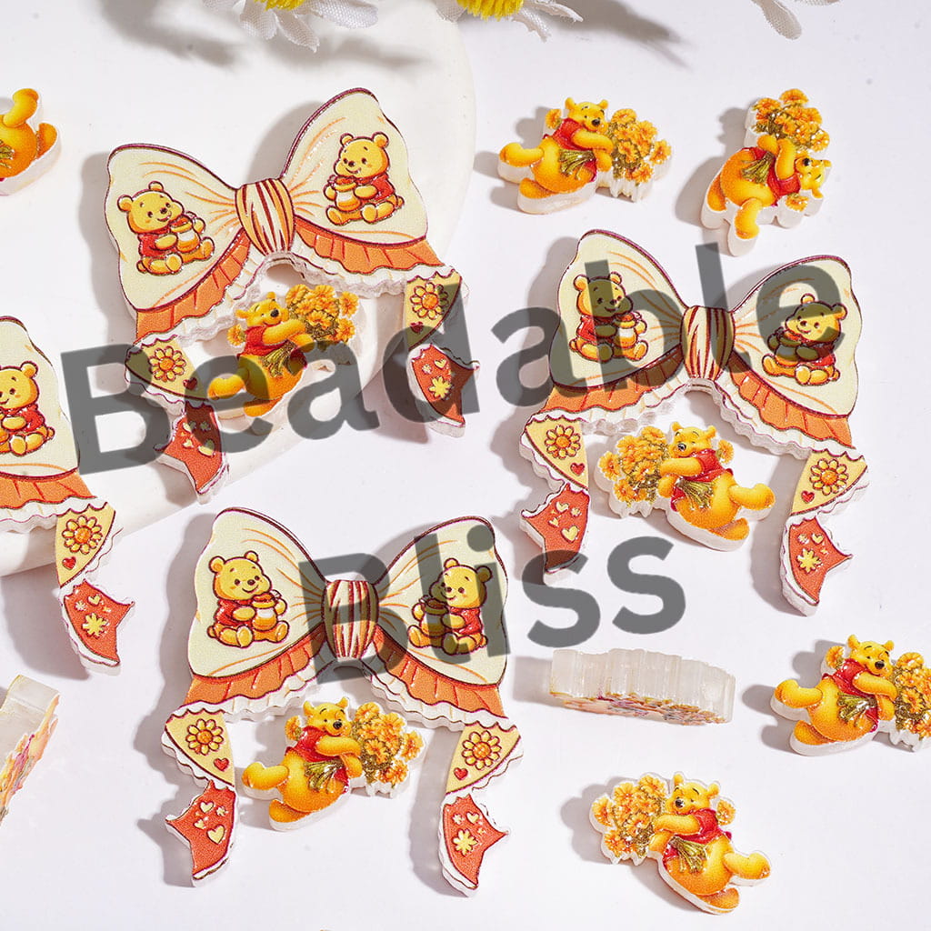 Classic Animation Honey Bear Character Acrylic Beads Bow and Piece, Yellow Series (Please Read Description)