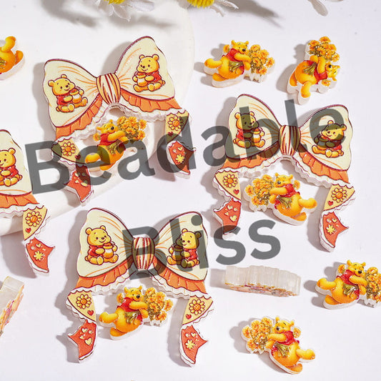 Classic Animation Honey Bear Character Acrylic Beads Bow and Piece, Yellow Series (Please Read Description)
