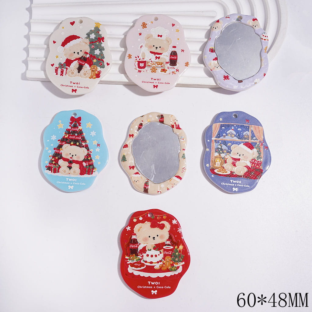 DIY Christmas Acrylic Mirror with Soda Drink and Bear Prints, Acrylic Pendants for Bag, 60*48MM, Random Mix