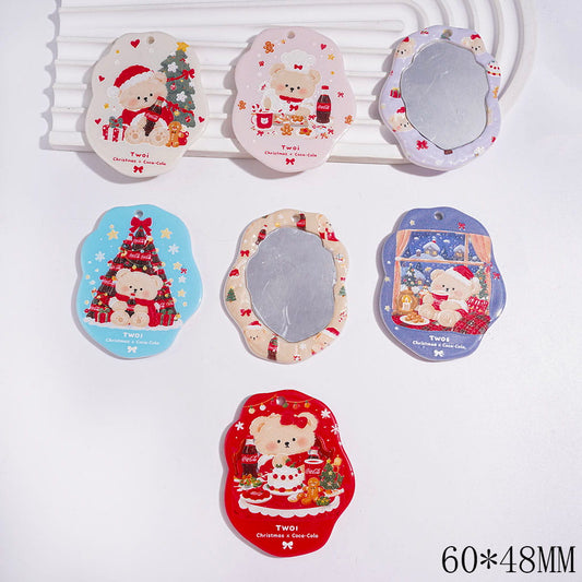 DIY Christmas Acrylic Mirror with Soda Drink and Bear Prints, Acrylic Pendants for Bag, 60*48MM, Random Mix