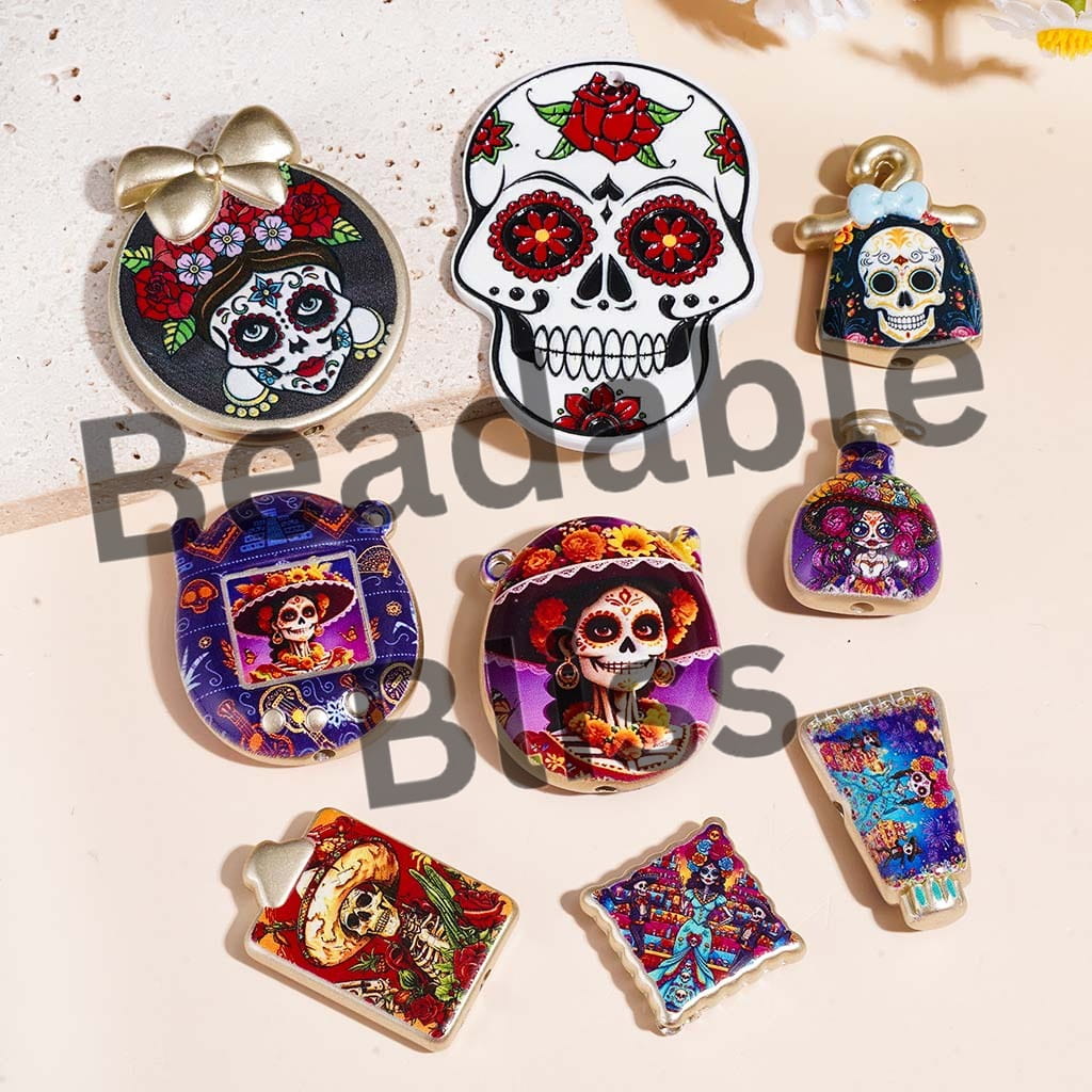 Acrylic Beads for Pendants Skeleton Skull Baby in Day of the Dead Theme,  Random Mix
