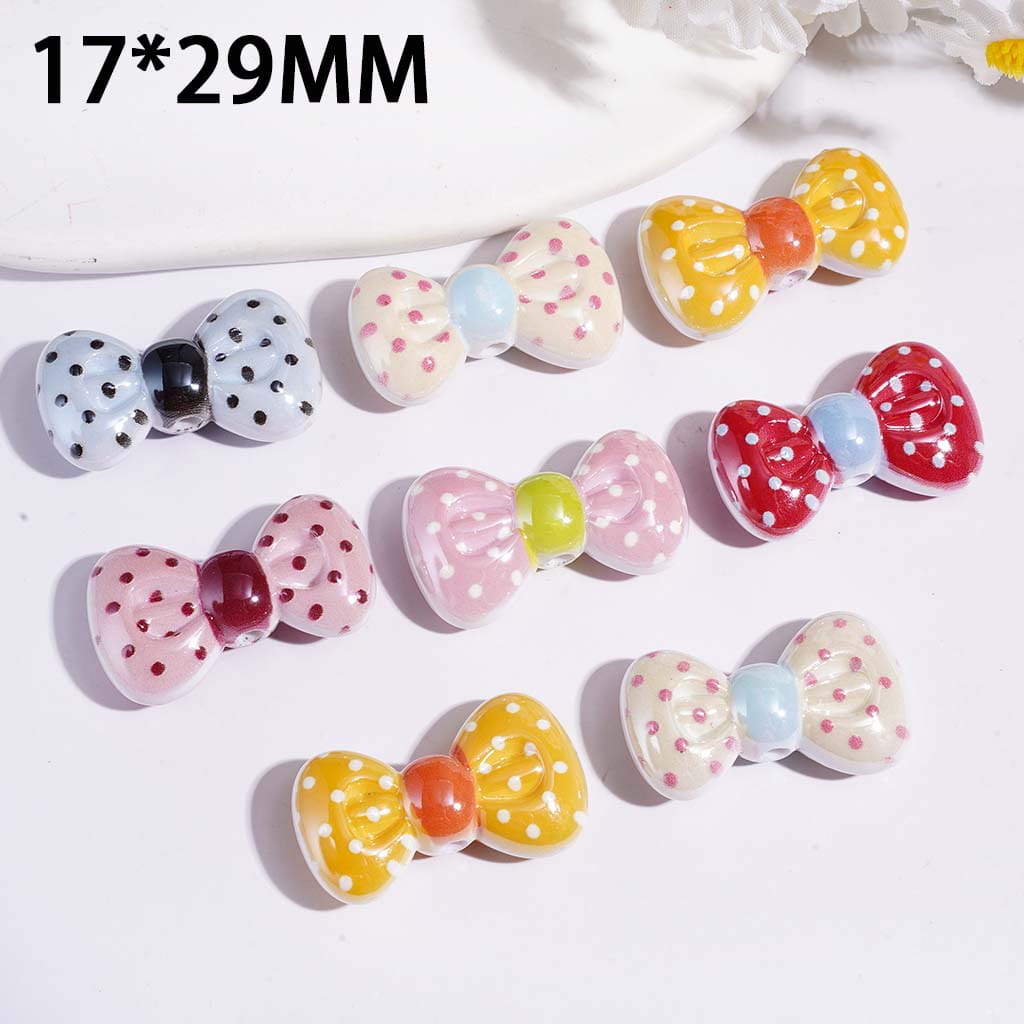 Acrylic Beads Bow Tie with White Polka Dots, 17*29MM Multi Colors Random Mix