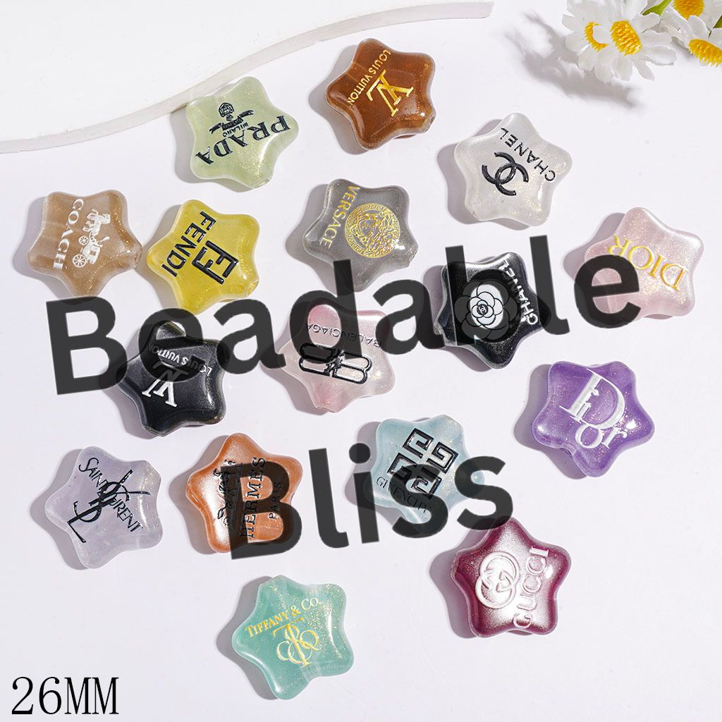 Acrylic Beads Five-Pointed Star with Glitter and Fashion Signs Print, 26MM Multi-Color Random Mix