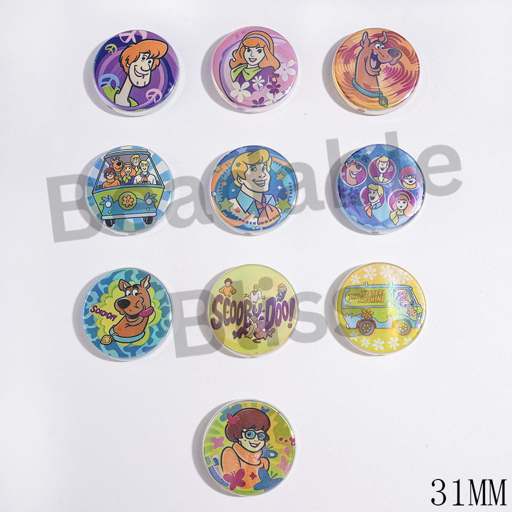 UV Finish Acrylic Beads with Silly Dog Character Patterns Series, 31MM, Flat Round Shape, Random Mix
