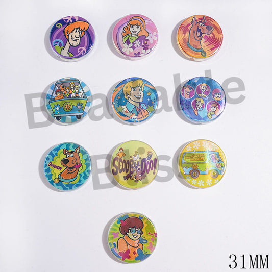 UV Finish Acrylic Beads with Silly Dog Character Patterns Series, 31MM, Flat Round Shape, Random Mix