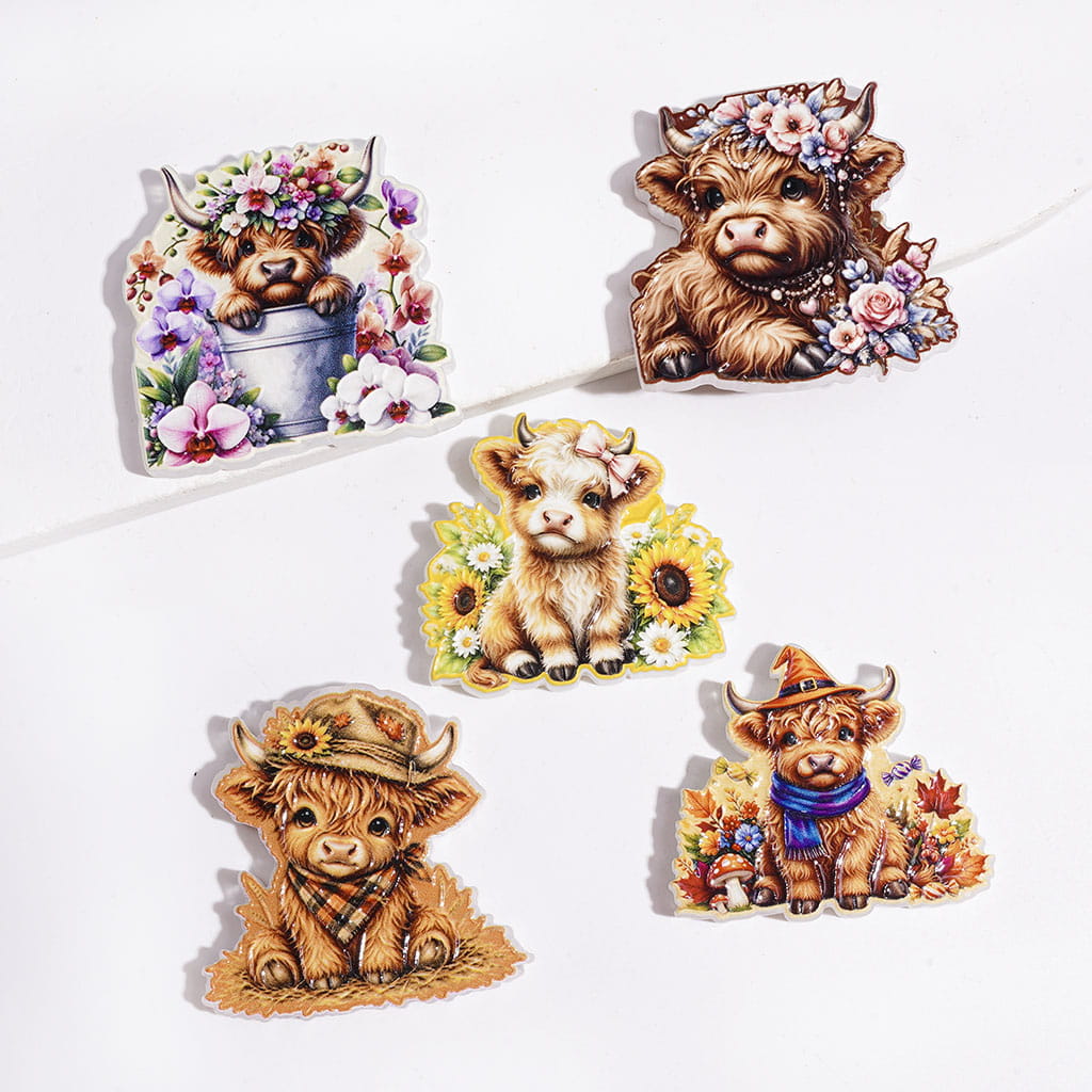 Acrylic Beads Highland Cattle and Flowers, Random Mix