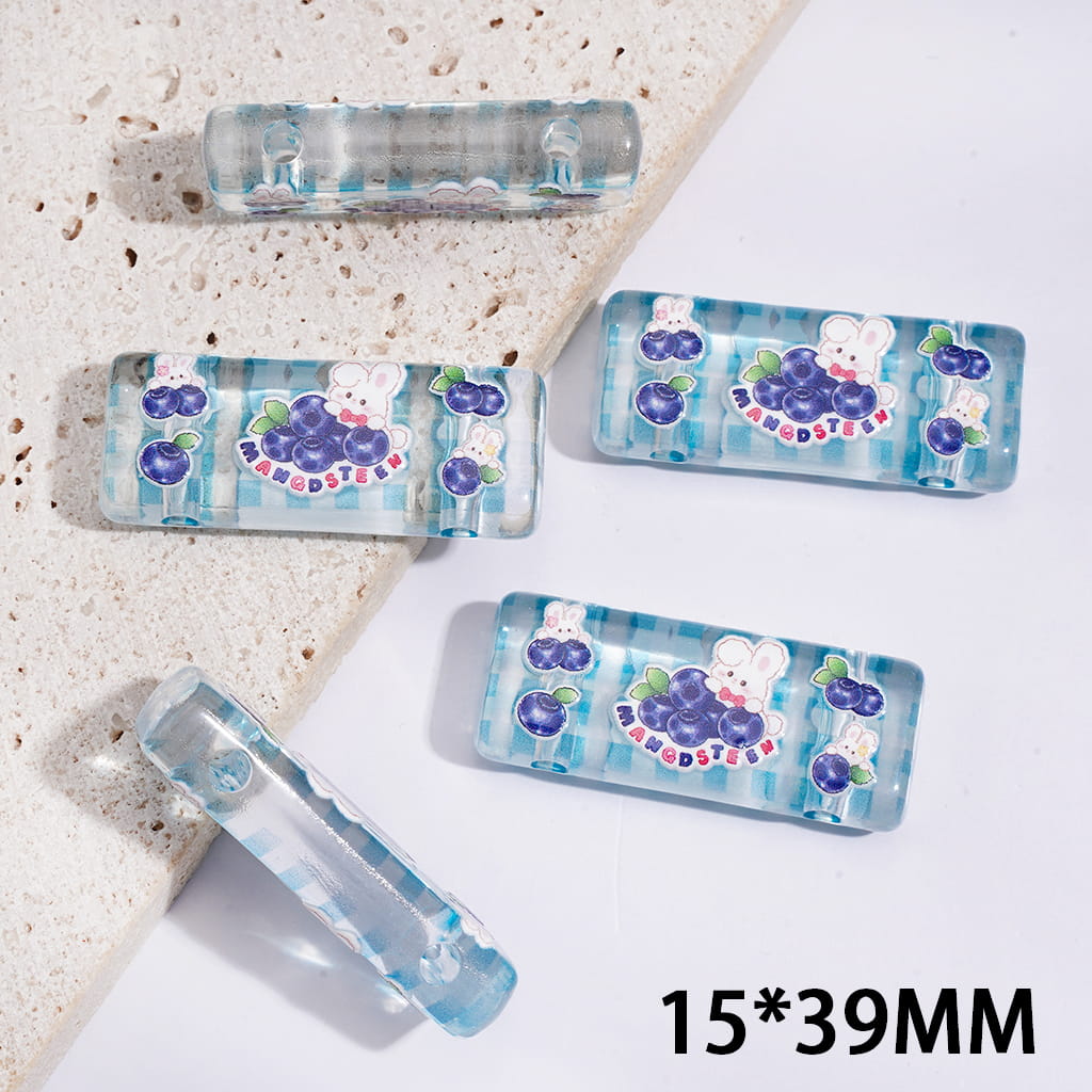 Blueberry Bunny Printed Rectangle Shape Acrylic Beads, Semi-Clear, Double Holes, 15*39MM