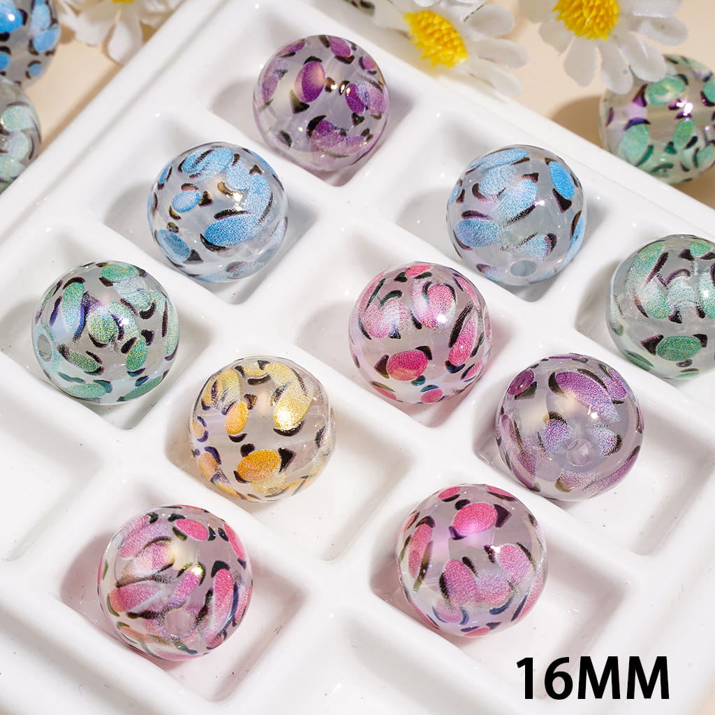 UV Coating Acrylic Beads with Colorful Leopard Print, 16MM, Random Mix