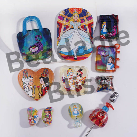 Acrylic Beads Pendants with Girl Into Rabbit Hole Fantasy World Prints Series, Random Mix