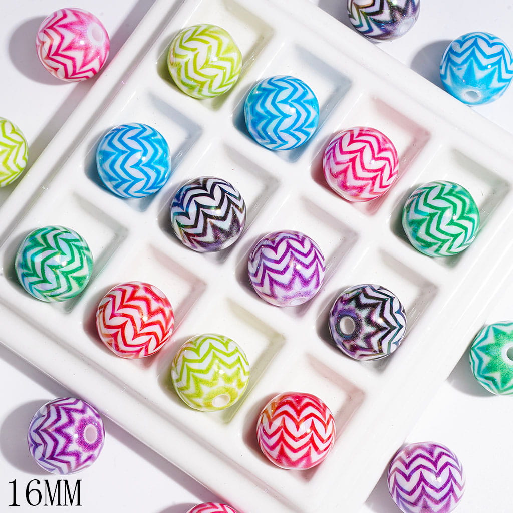 UV-Coated Acrylic Beads for Bracelets with "V" Shaped Wavy Stripe Texture, 16MM Multi-Color Random Mix