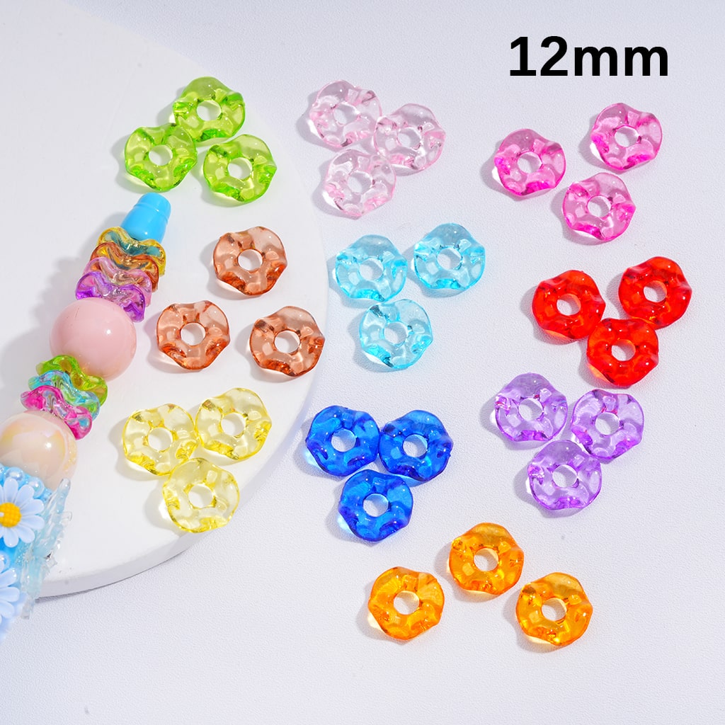 Colorful beaded fidget spinner components on a white background with '12mm' text.

