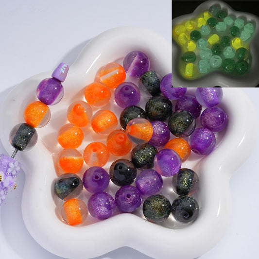 Colorful beads in a white dish with close-up inset showing bead texture.

