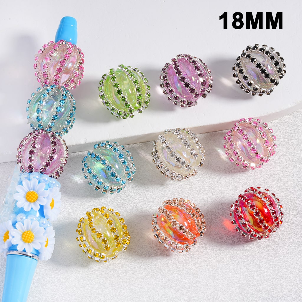 Colorful rhinestone hair accessories with a blue handle on a white background, labeled '18MM'.

