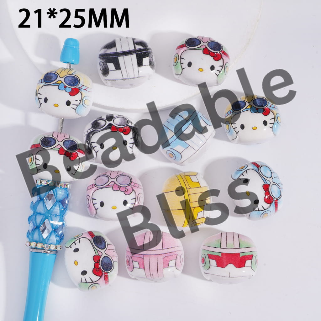 Acrylic Beads Cute Cat Character Head with Pilot Helmet, 21*25MM, Random Mix