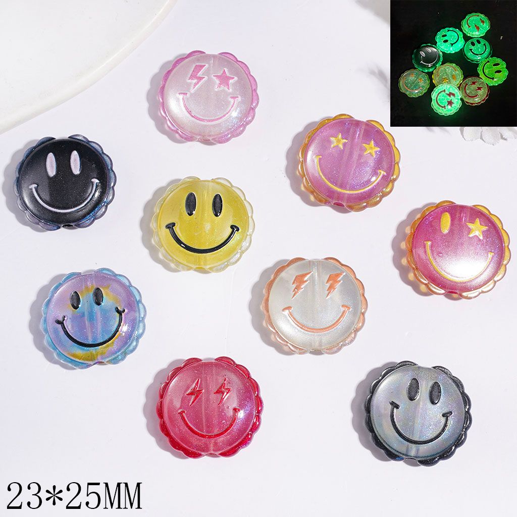 Luminous Acrylic Beads with Glitter and Smiling Face, Wavy Edged Flat Round Shape, 23*25MM, Multi-Color Random Mix