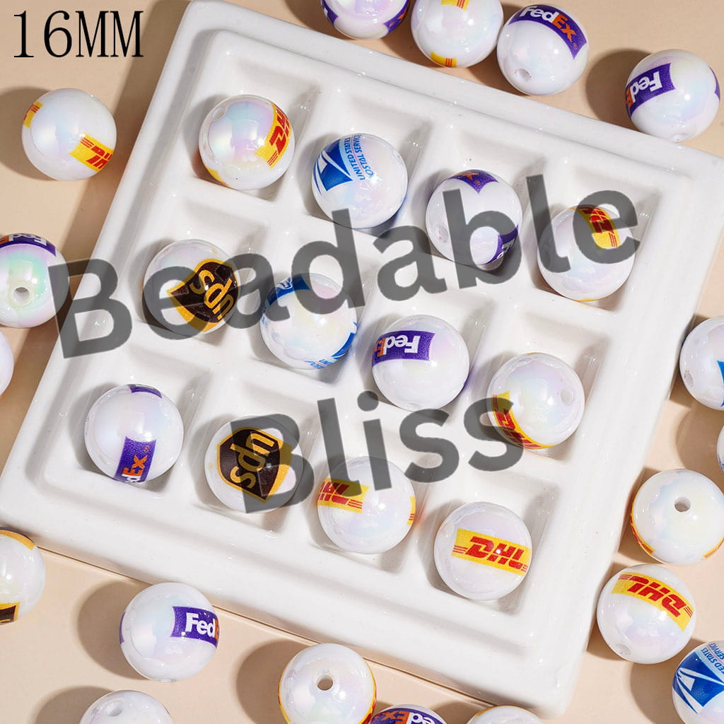 Acrylic Beads for Bracelets UV Coating Shipping Logistics and Express Prints, 16MM, Random Mix