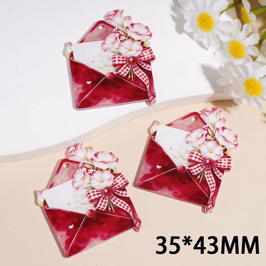 Acrylic Pendants Envelope with Sakura Flower and Gingham Bowknot, Blush Pink & White Gradient, 35*43MM