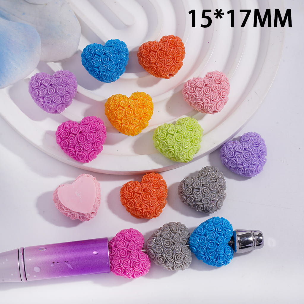Acrylic Heart Beads with Rose Flowers in Assorted Colors, 15*17MM, Random Mix