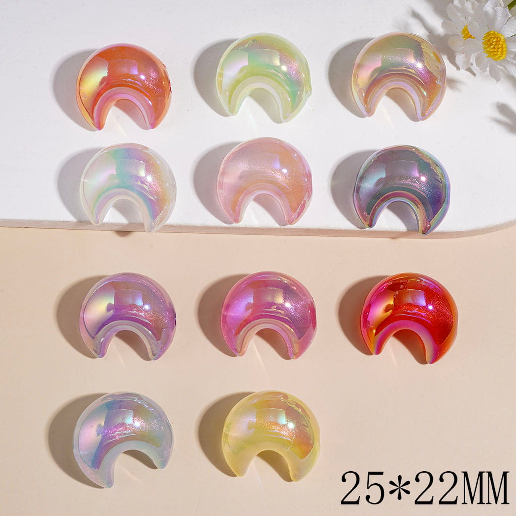 UV Coated Acrylic Beads Dreamy Style Crescent Shaped Moon with Glitter, 25*22MM Multicolor Random Mix