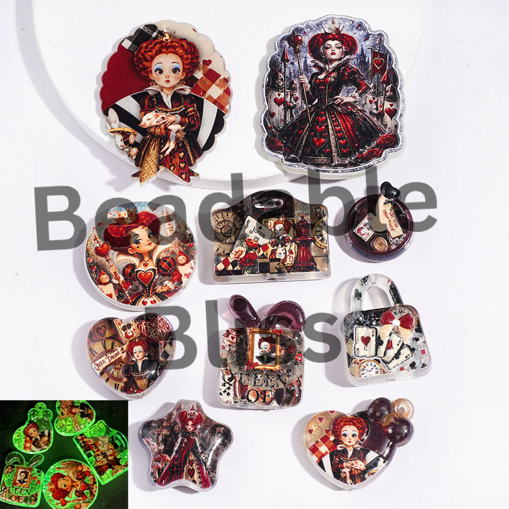 Luminous Acrylic Beads and Pendants Queen and Poker Card Suits Prints, Red Series, Random Mix