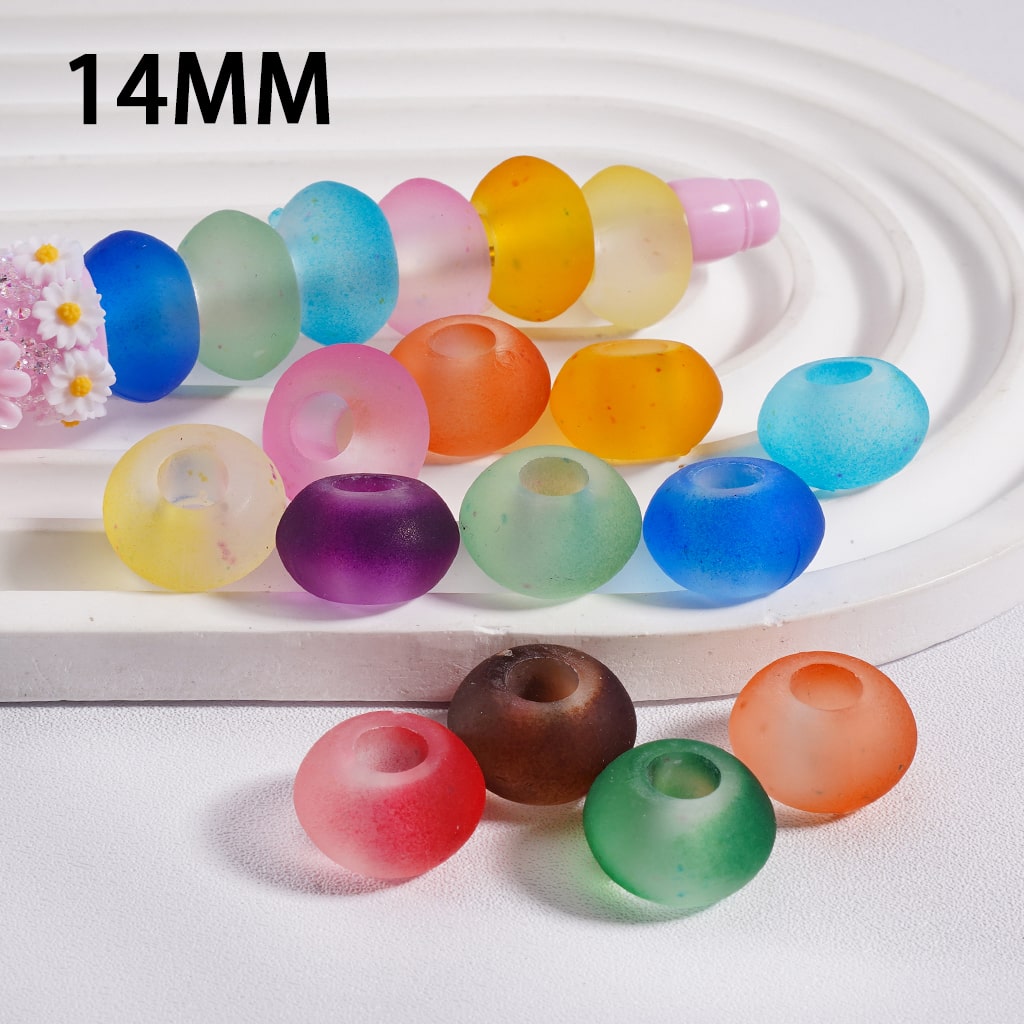 Colorful beads on a white surface with '14MM' text above.

