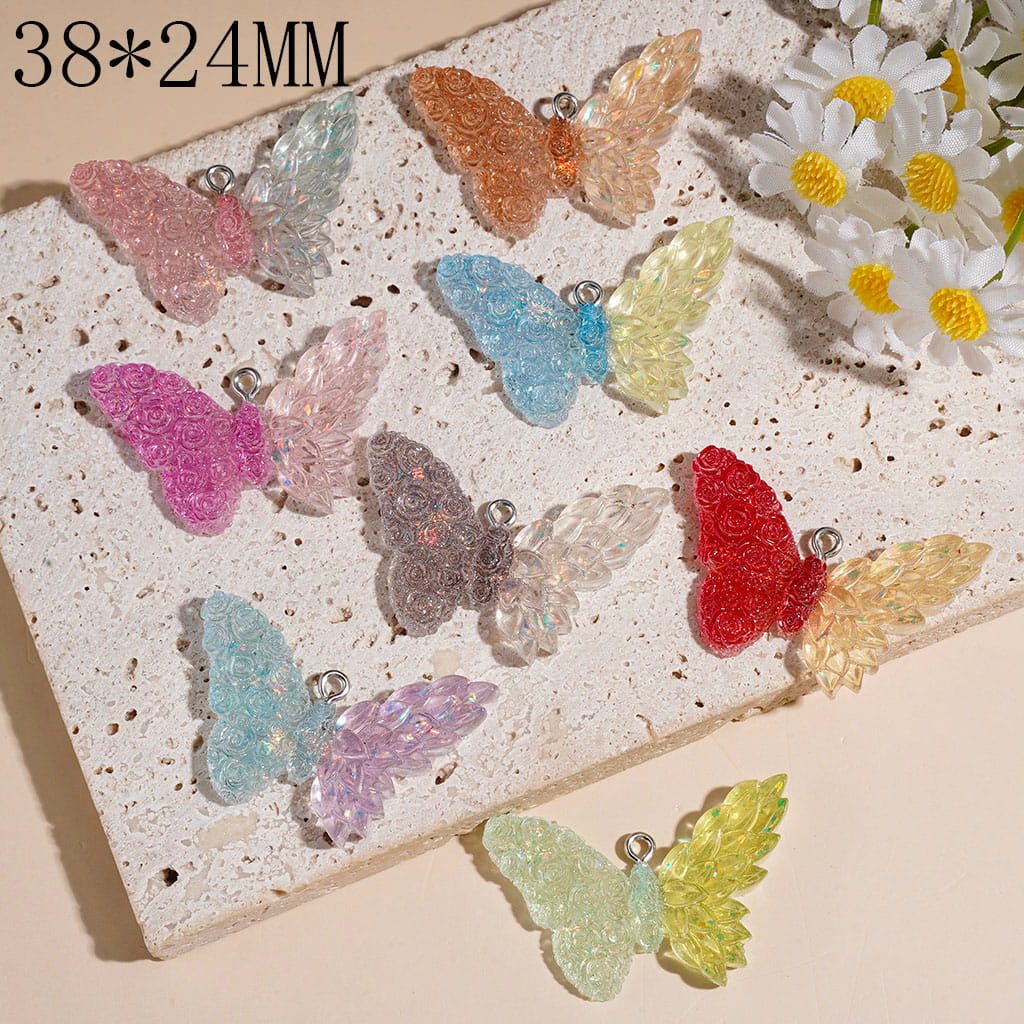 Butterfly with Matte Frosted Rose Flower & Gold Foil Paper on Wings Acrylic Charms, 38*24MM, Two-Tone Colors, Random Mix
