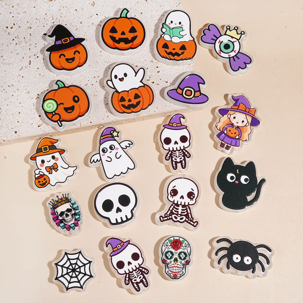 Halloween Series Pumpkin Skull Ghost Cat Spider Web Witch Hat  Acrylic Beads, Semi-Clear, Random Mix
