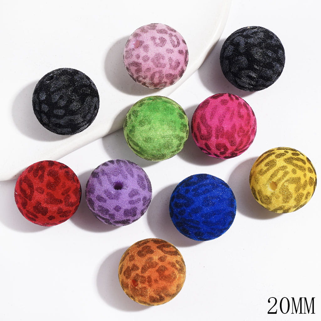 Flocked Fluffy Jaguar Print Acrylic Beads for Bracelets, 20MM, Dark Colors Series, Random Mix