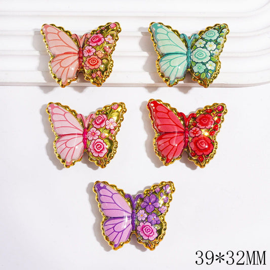 Acrylic Beads Butterfly with Flower on Half Wings, 39*32MM, Multi-Color, Random Mix