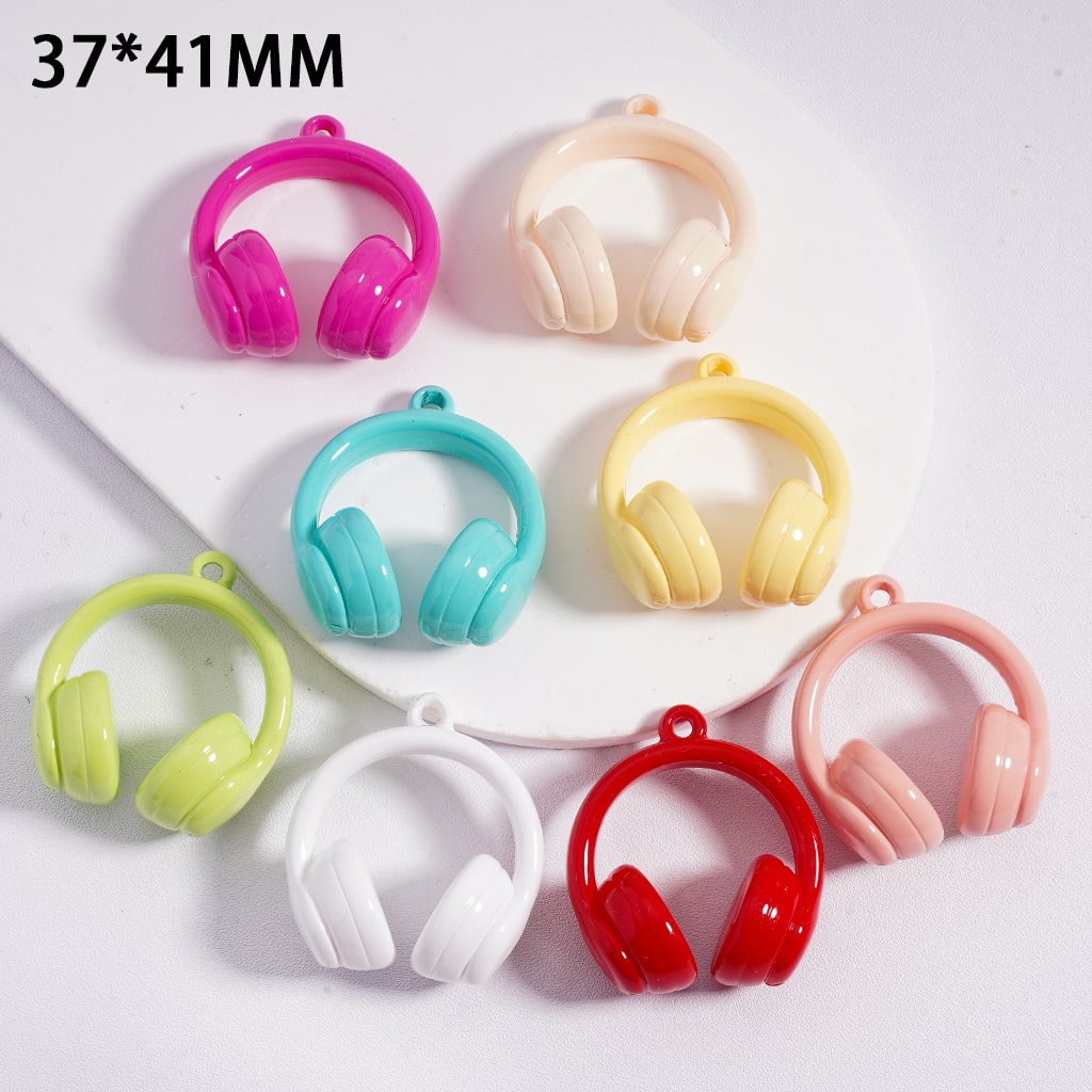 Colorful miniature headphone-shaped objects on a white background with dimensions 37*41MM.

