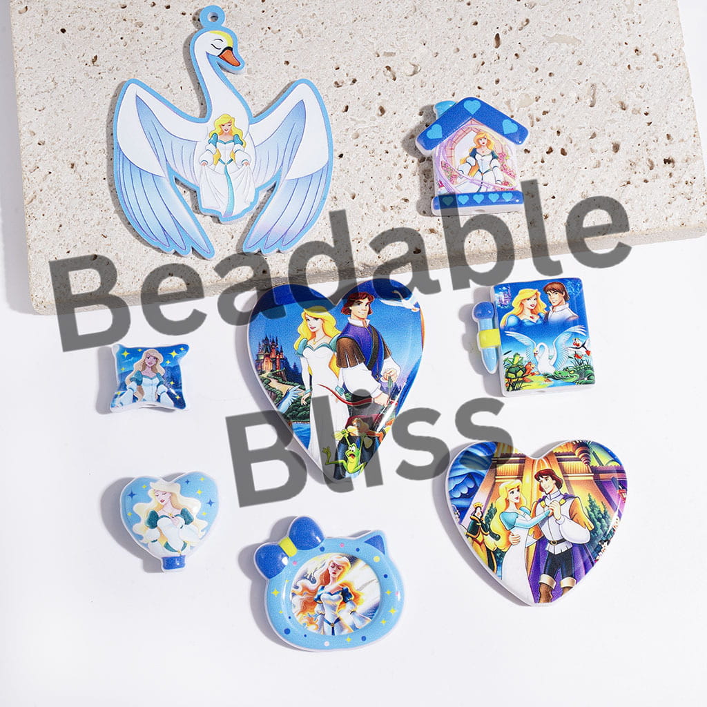 Acrylic Beads and Pendants Swan Princess and Prince Characters Series, Blue Animation Style, Random Mix