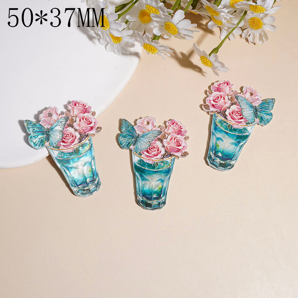Rose Flower Vase with Butterfly Acrylic Pendants, 50*37MM