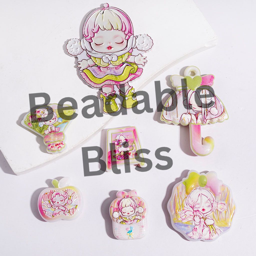 Acrylic Beads and Pendants Sleeping Girl Character Series, Green Pink Style, Random Mix