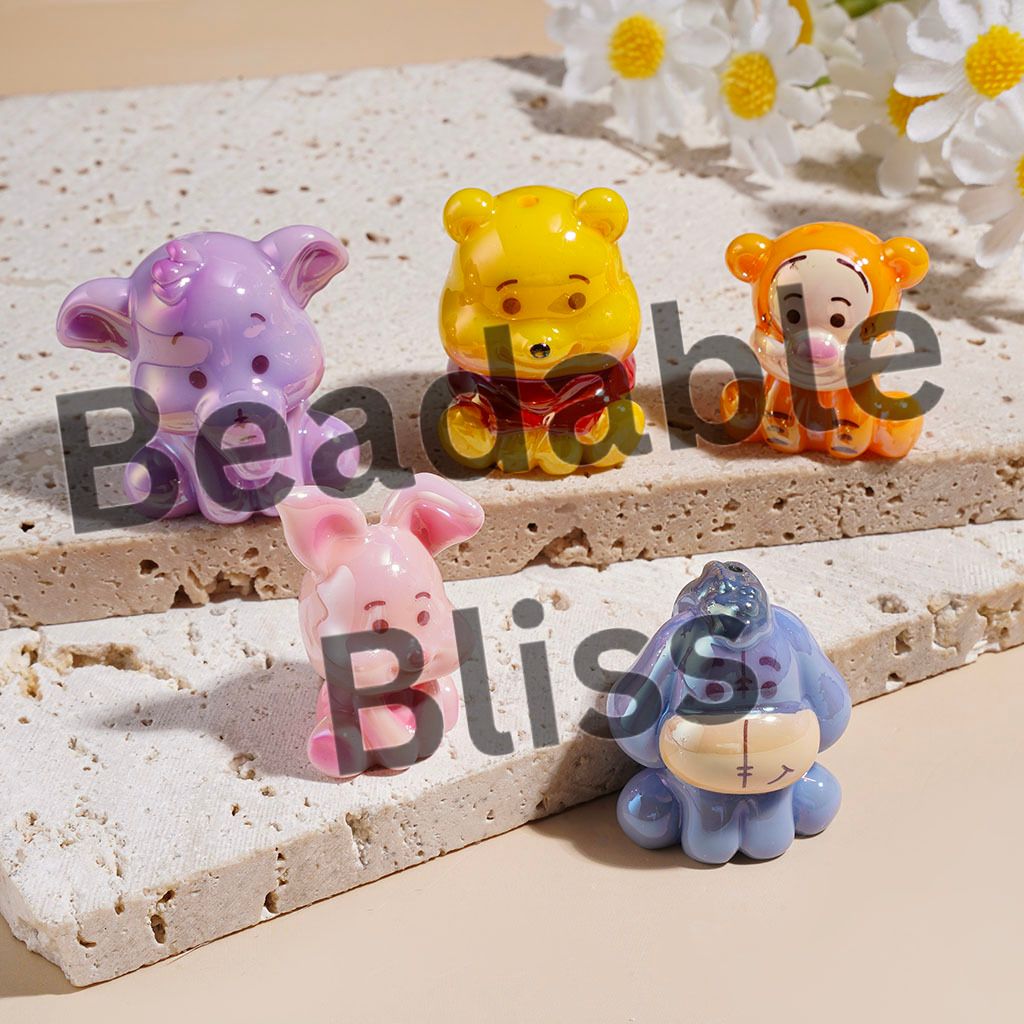 Acrylic Beads UV Coating Classic Animation Animal in Sitting Position, Bear Donkey Tiger Pig Elephant, Random Mix